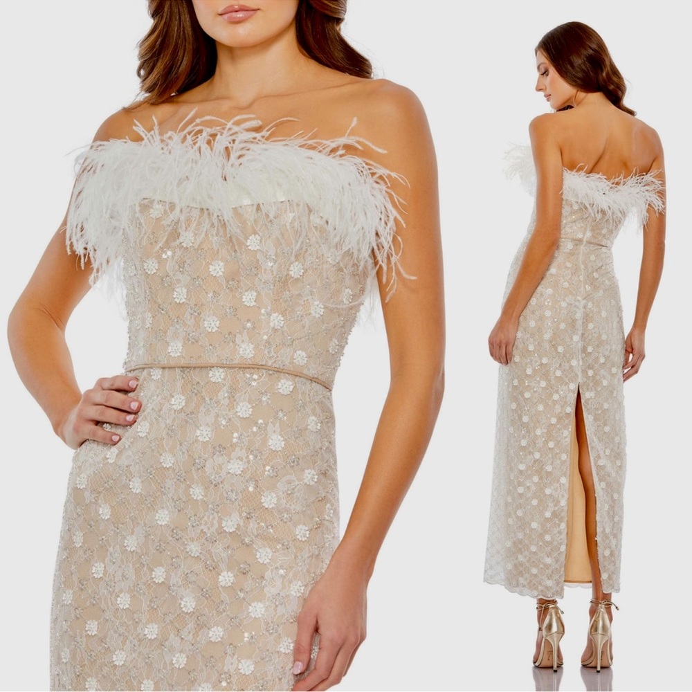 Mac Duggal 68140 Embellished Feather Strapless Column Nude/White Dress, Size 4